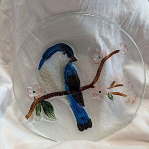 Bird plate clear and colored glass about 8 inches across